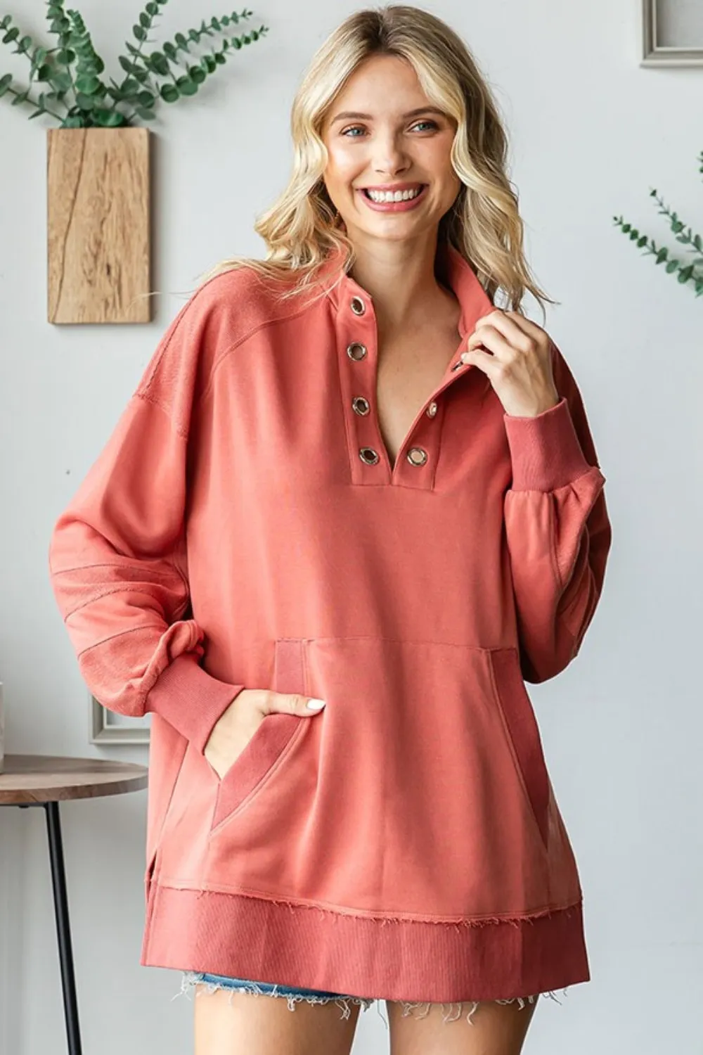 Grommet Split Neck Kangaroo Pocket Sweatshirt, image 3