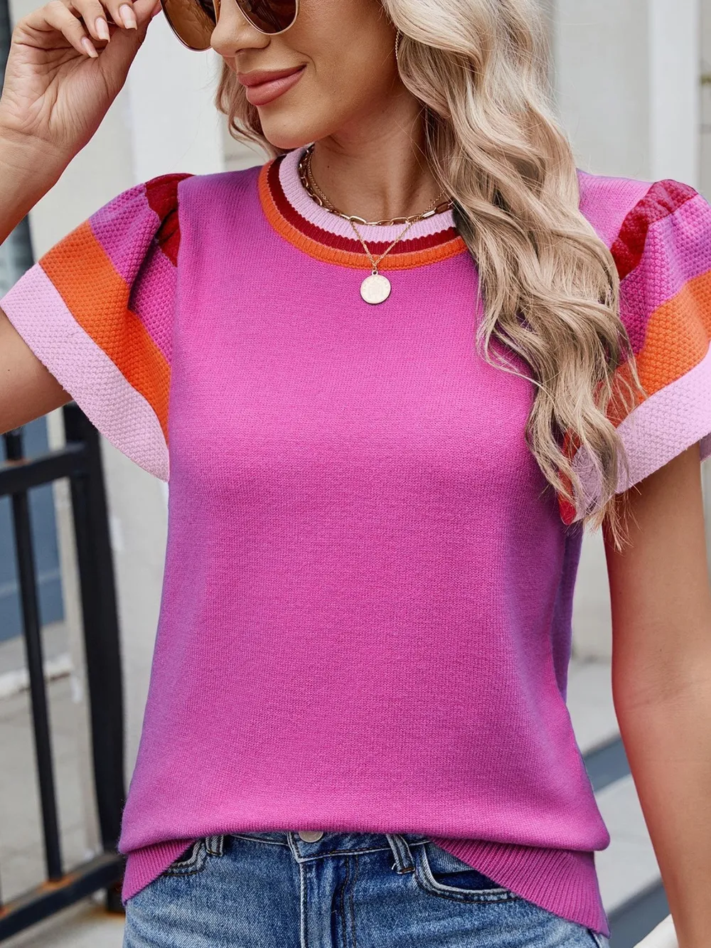 Colorblock Striped Short Sleeve Sweater, image 6