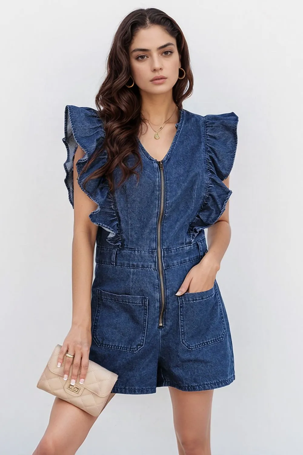 Denim Ruffled Zipped Front Belted Romper