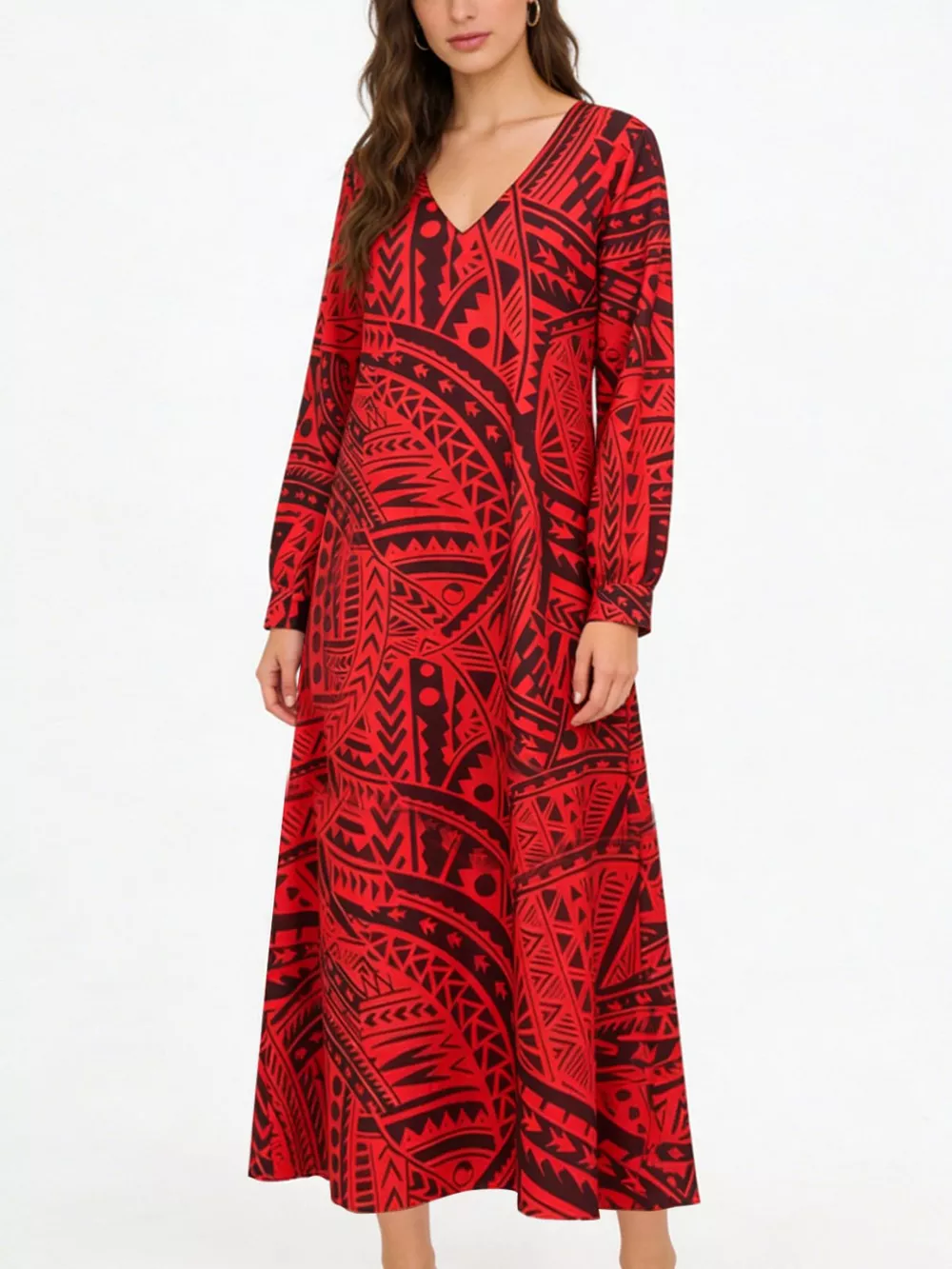 Tribal Print V-Neck Long Sleeve Dress