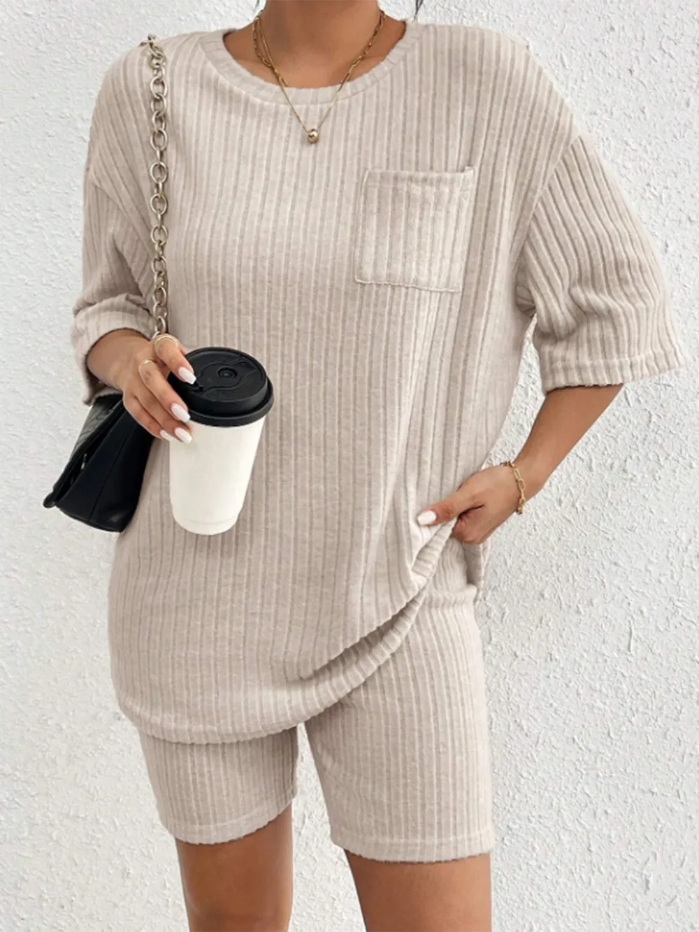 Ribbed Round Neck Top and Shorts Set, image 5