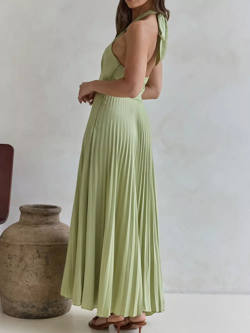 Halter Neck Pleated A-Line Dress, image 3