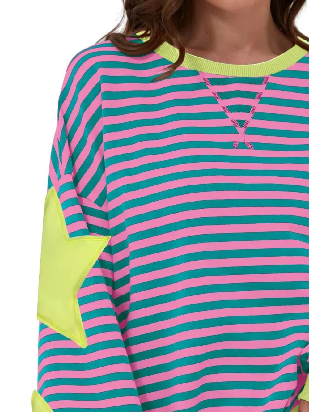 Full Size Star Patch Striped Oversized Sweatshirt Plus Size, image 3