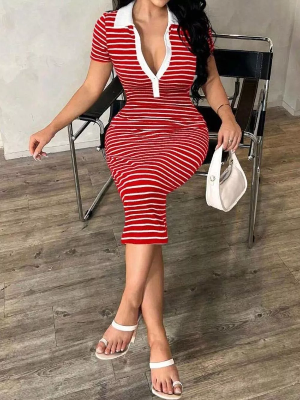 Striped Polo Collar Midi Dress, image 28