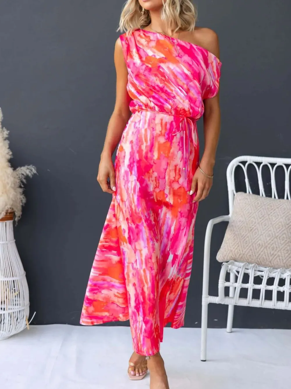 One Shoulder Printed Dress with Slit, image 5
