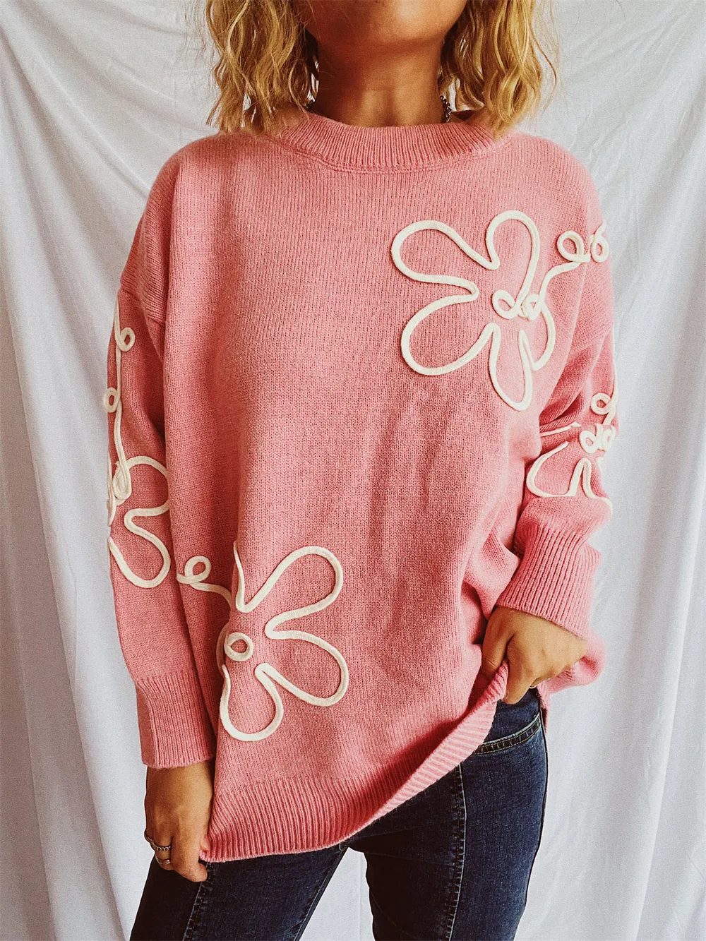 Flower Round Neck Long Sleeve Sweater, image 10