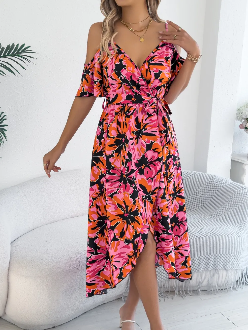 Printed Cold Shoulder Midi Cami Dress, image 2