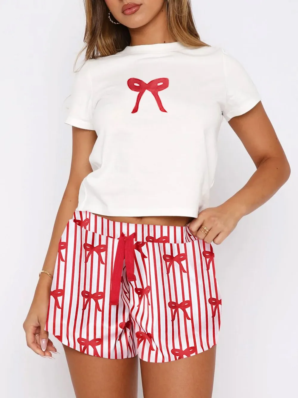 Printed Round Neck Short Sleeve Top and Drawstring Shorts Set, image 6