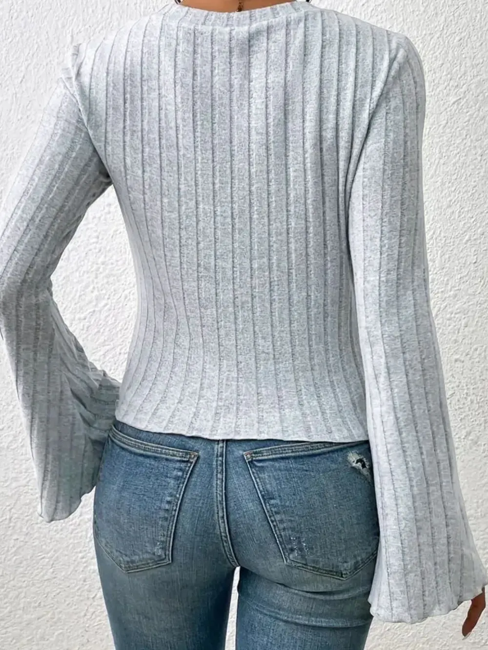 Ribbed Round Neck Flare Sleeve T-Shirt, image 4