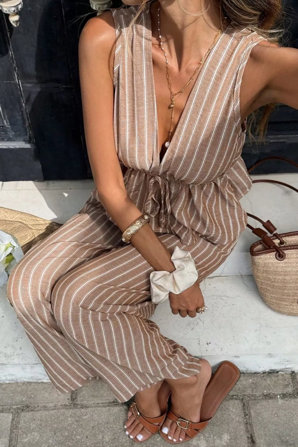 Striped Sleeveless Top and Wide Leg Pants Set, image 6