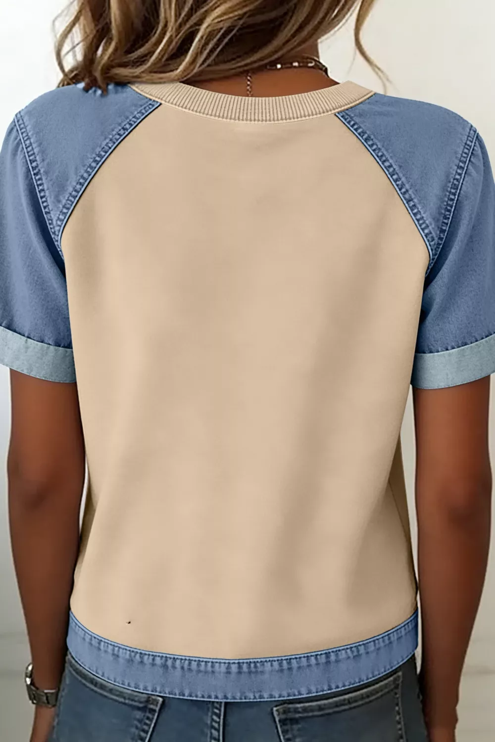 Denim Color Block Patchwork Round Neck Tee, image 5