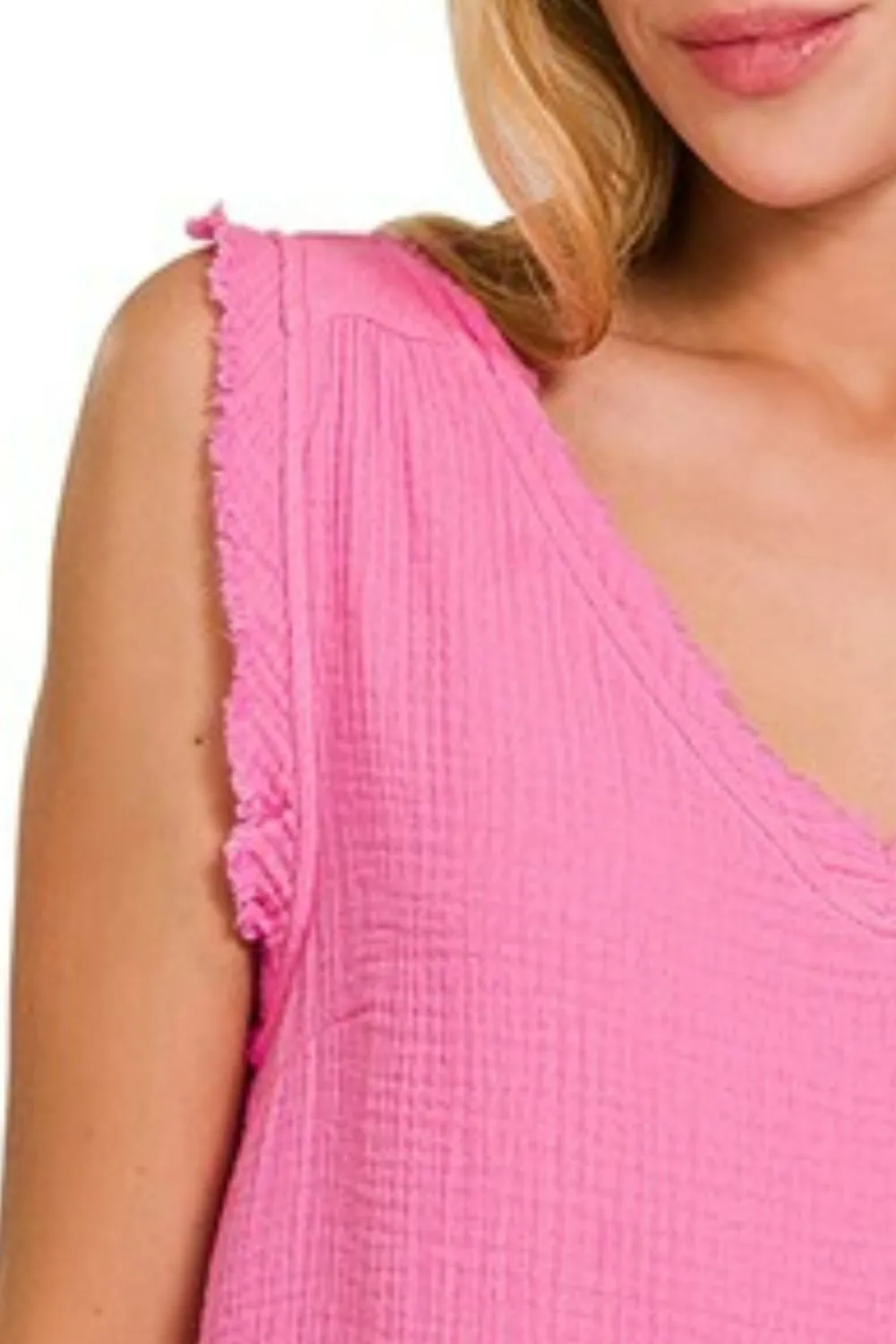 Double Gauze Raw Edge V-Neck Tank, image 2