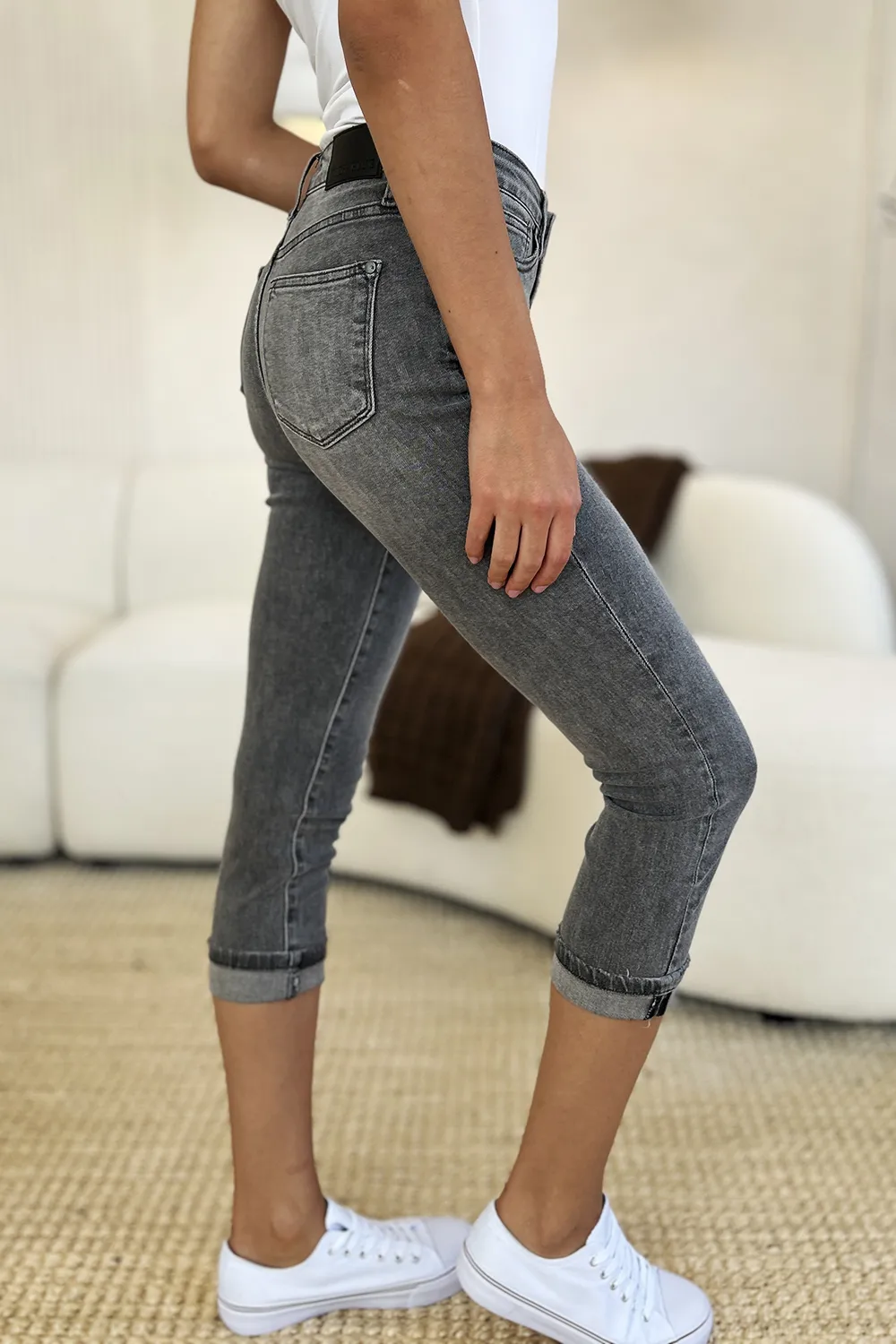 Full Size Button Fly High Waist Cuffed Capris, image 5