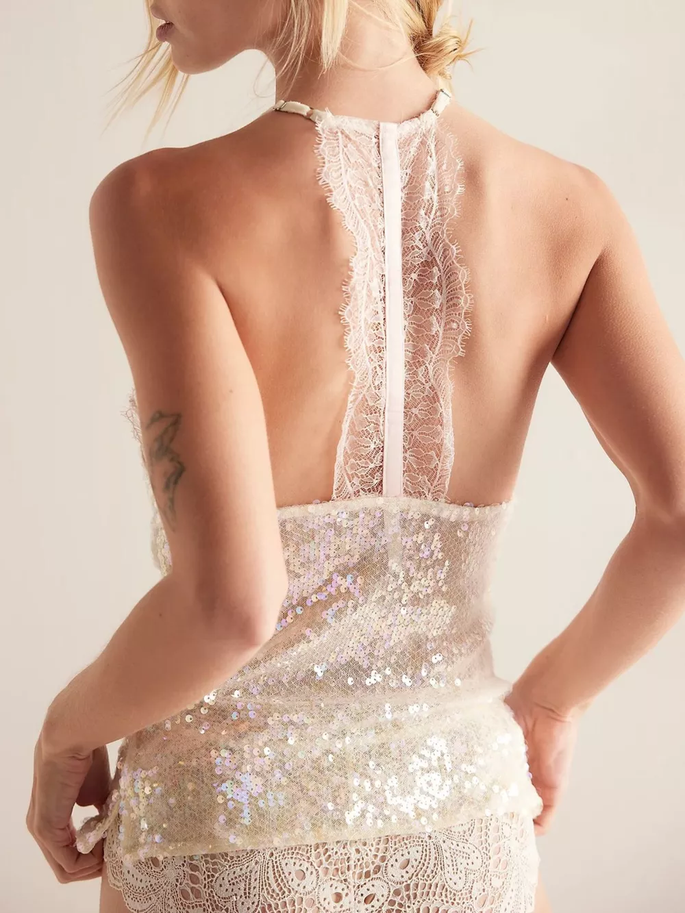 Sequin Lace Trim Halter Neck Cami, image 3