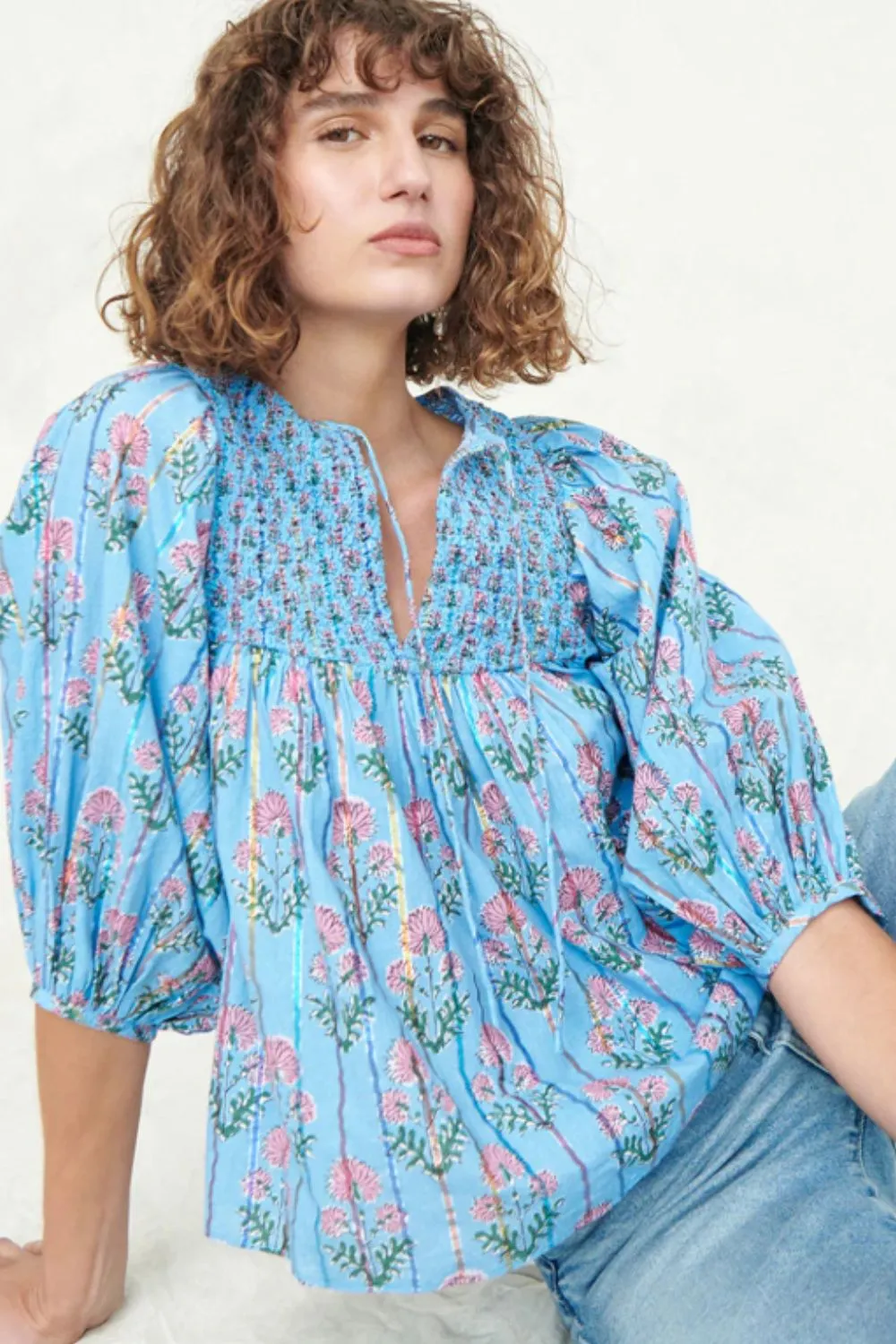 Smocked Floral Print Tie Neck Blouse, image 7
