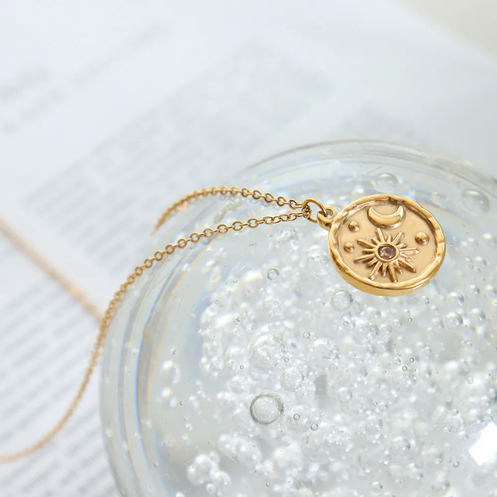Zircon Titanium Steel Coin Shape Necklace, image 2