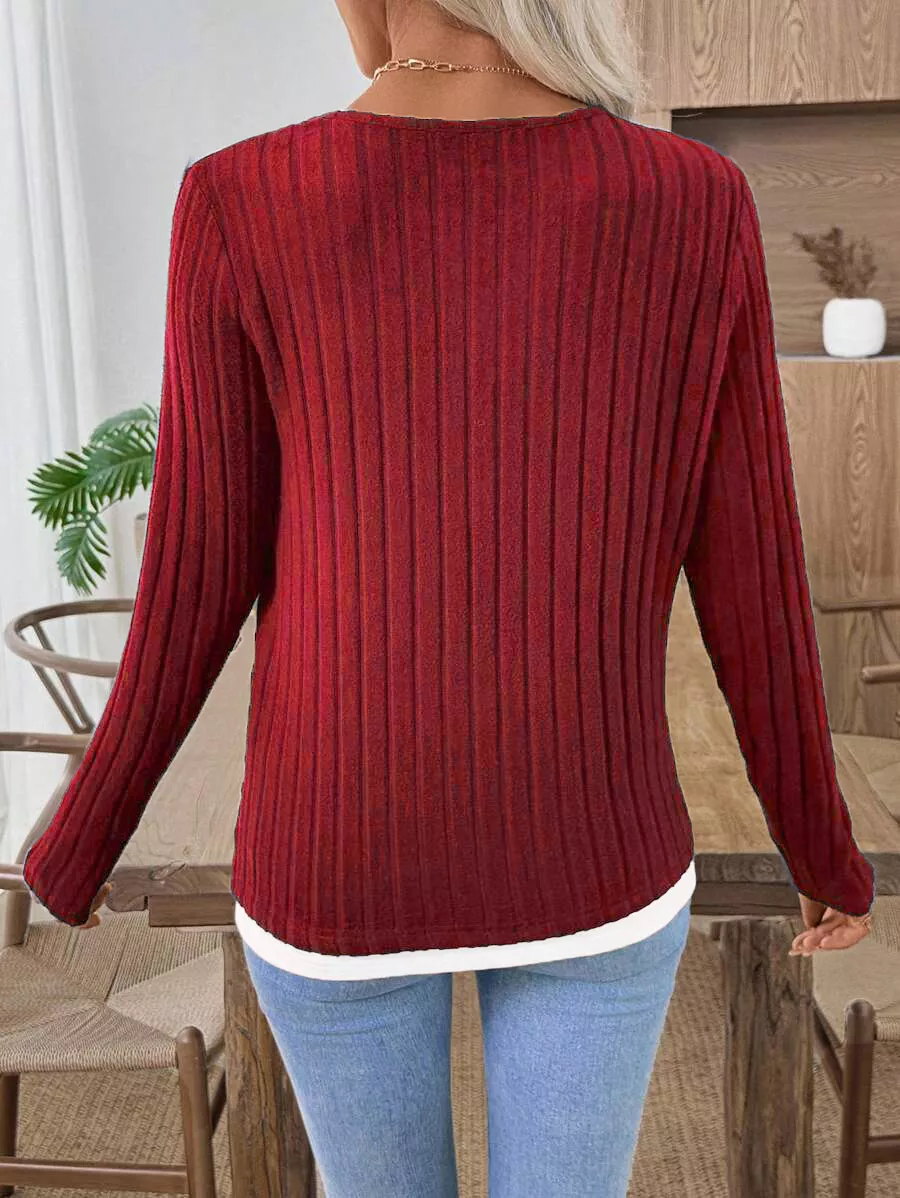 Ribbed Knit Long Sleeve Fake Two-Piece T-Shirt, image 15