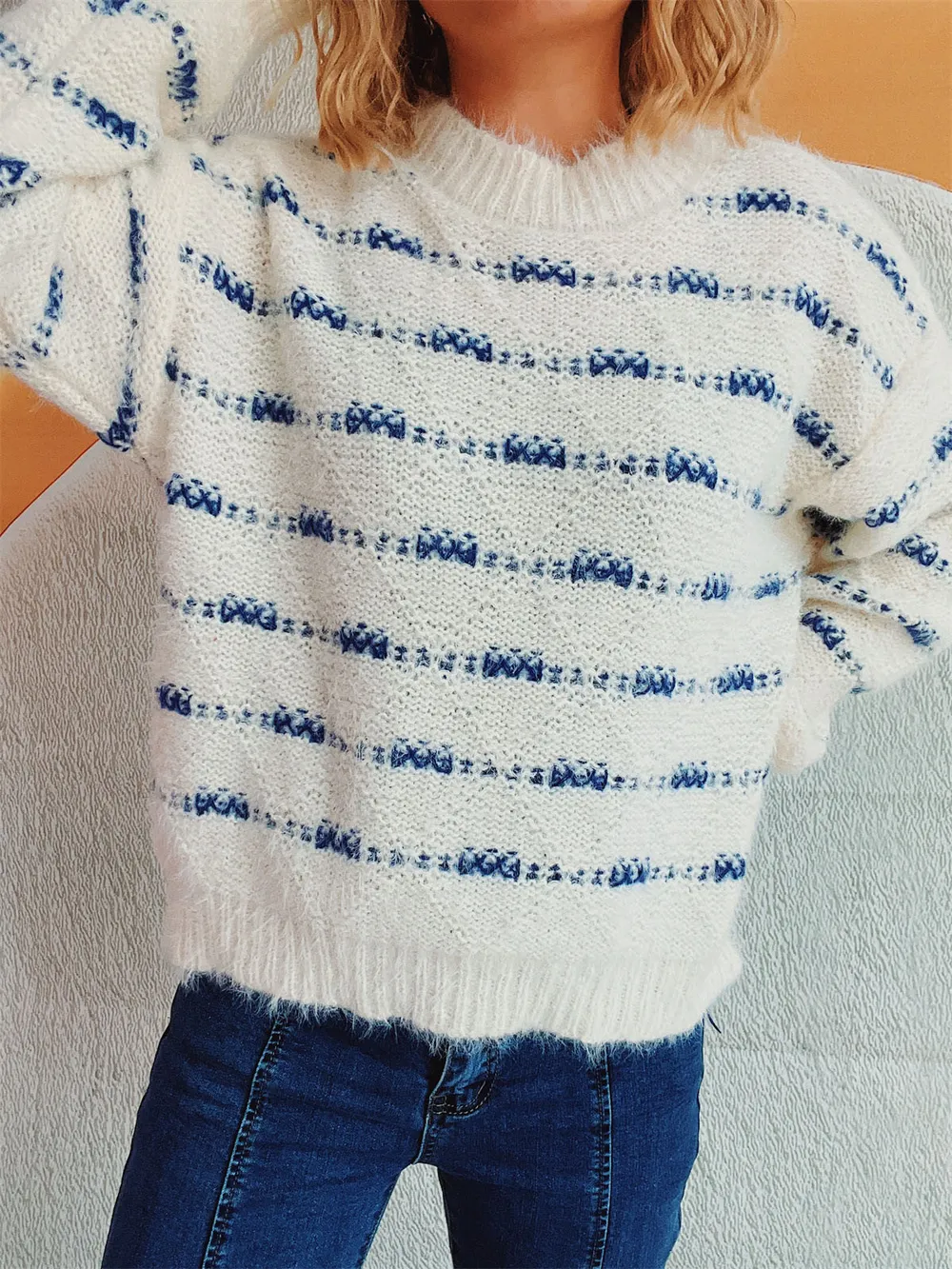 Striped Round Neck Long Sleeve Sweater, image 5