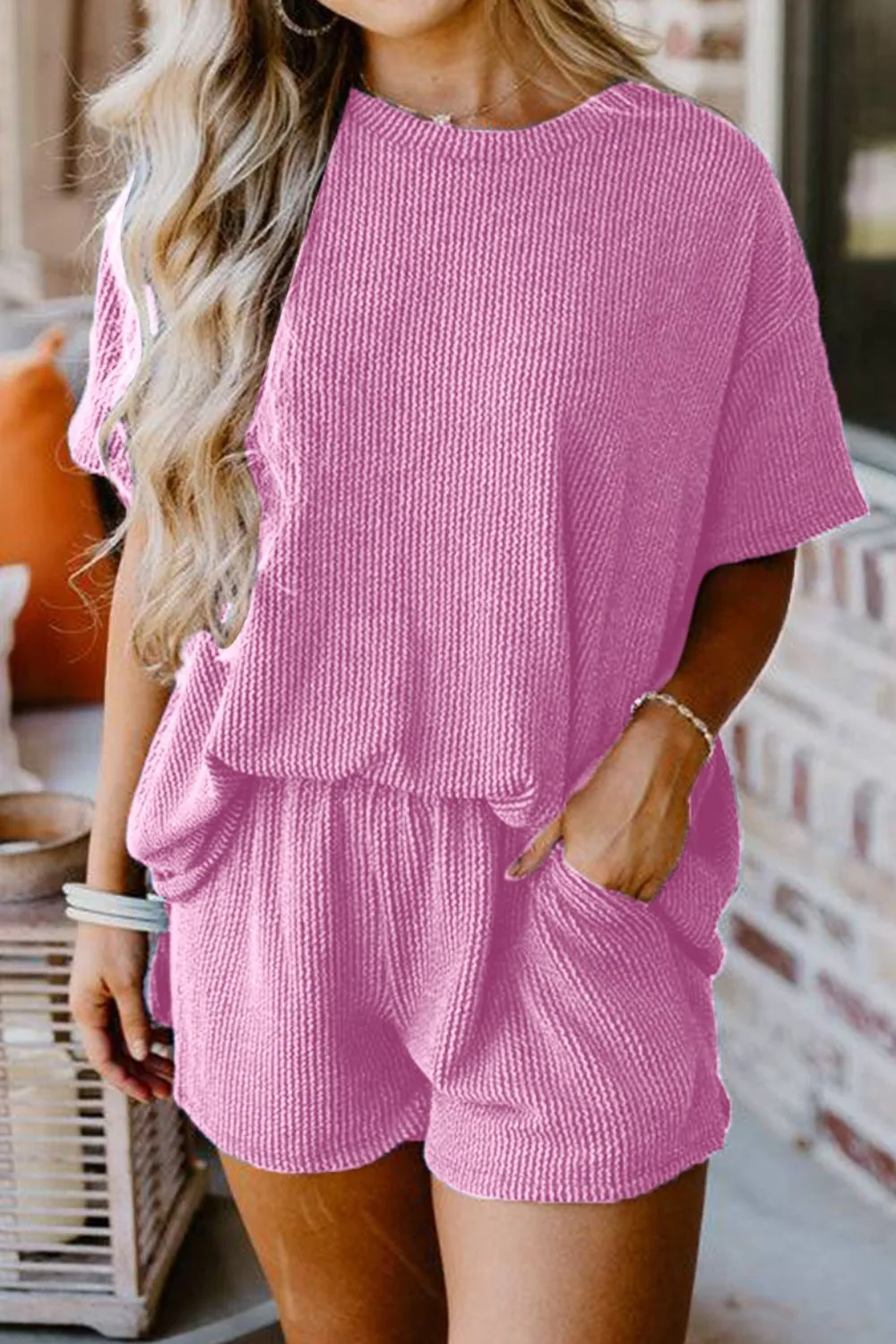 Round Neck Top and Pocketed Shorts Set, image 2