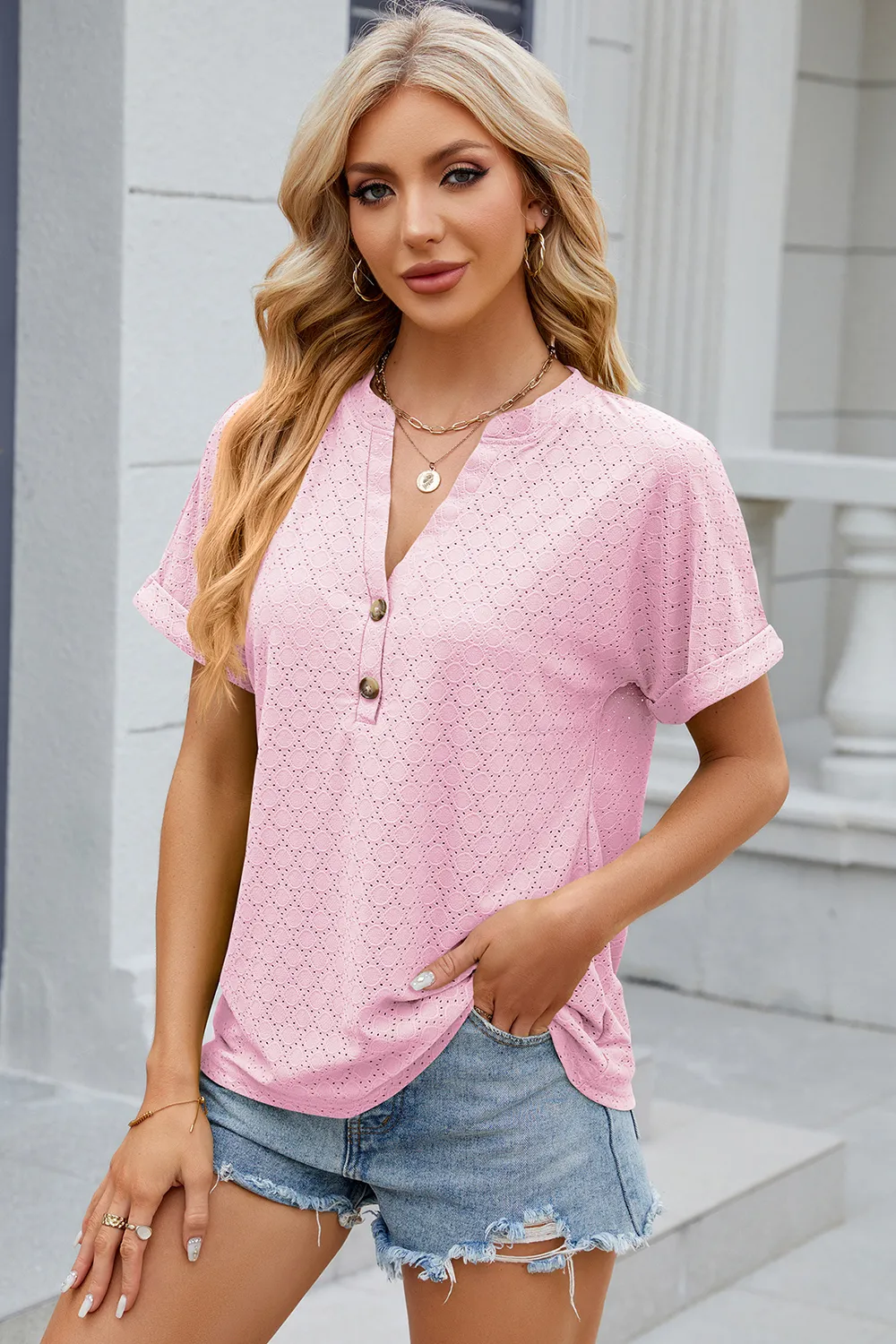 Eyelet Notched Short Sleeve T-Shirt, image 6