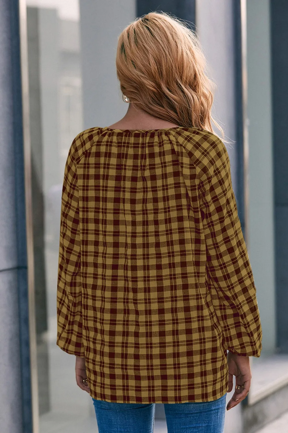 Plaid Tie Neck Balloon Sleeve Blouse, image 6