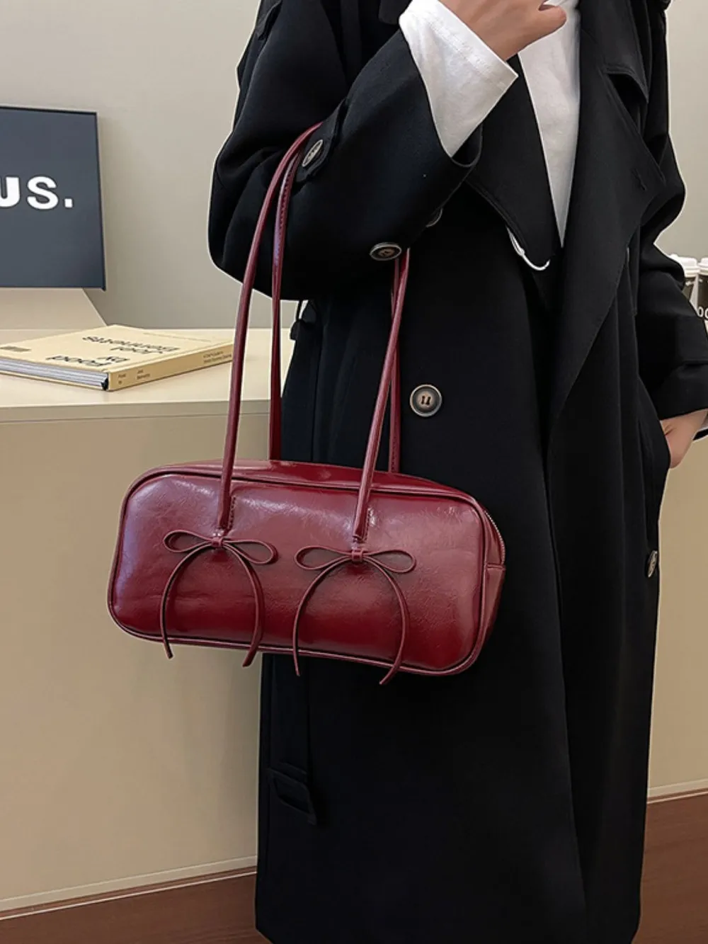 PU Leather Bow Trim Shoulder Bag, image 4