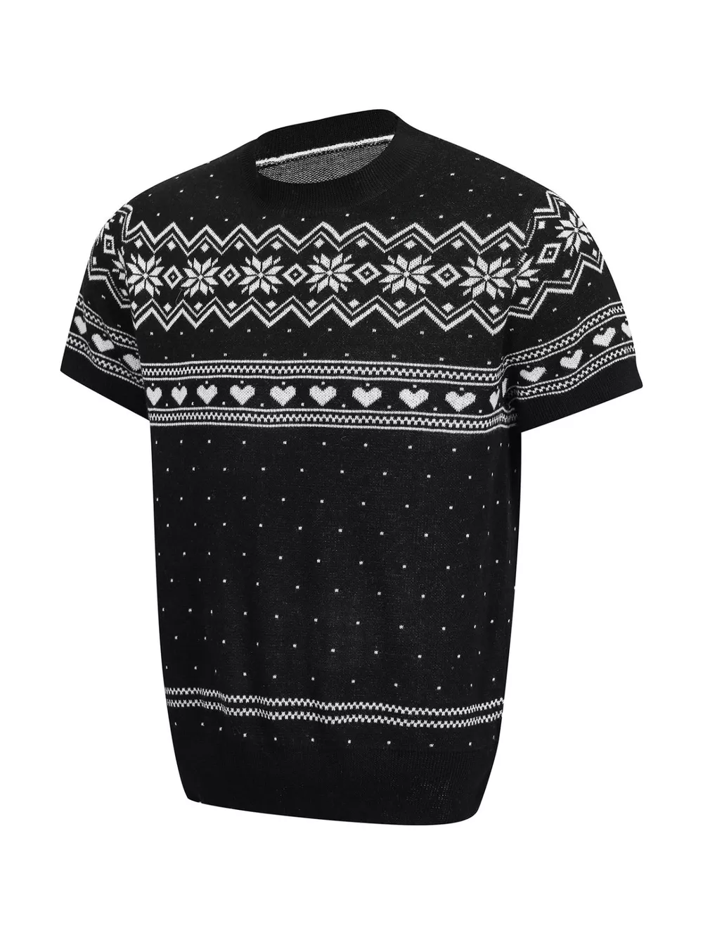 Men's Short-Sleeve Knit Top with Fair Isle and Heart Pattern, image 6