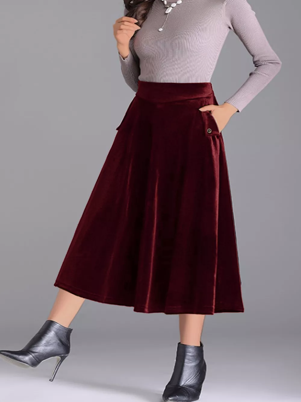 Plus Size Elegant Velvet A-Line Midi Skirt, image 7