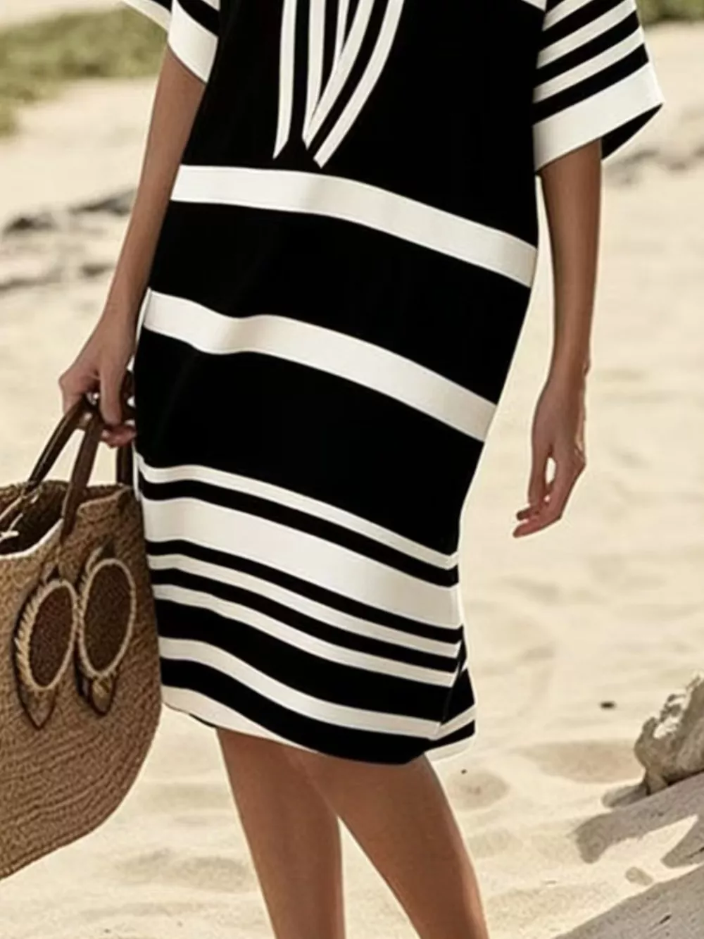 Full Size Striped Half Sleeve Midi Dress Plus Size, image 12