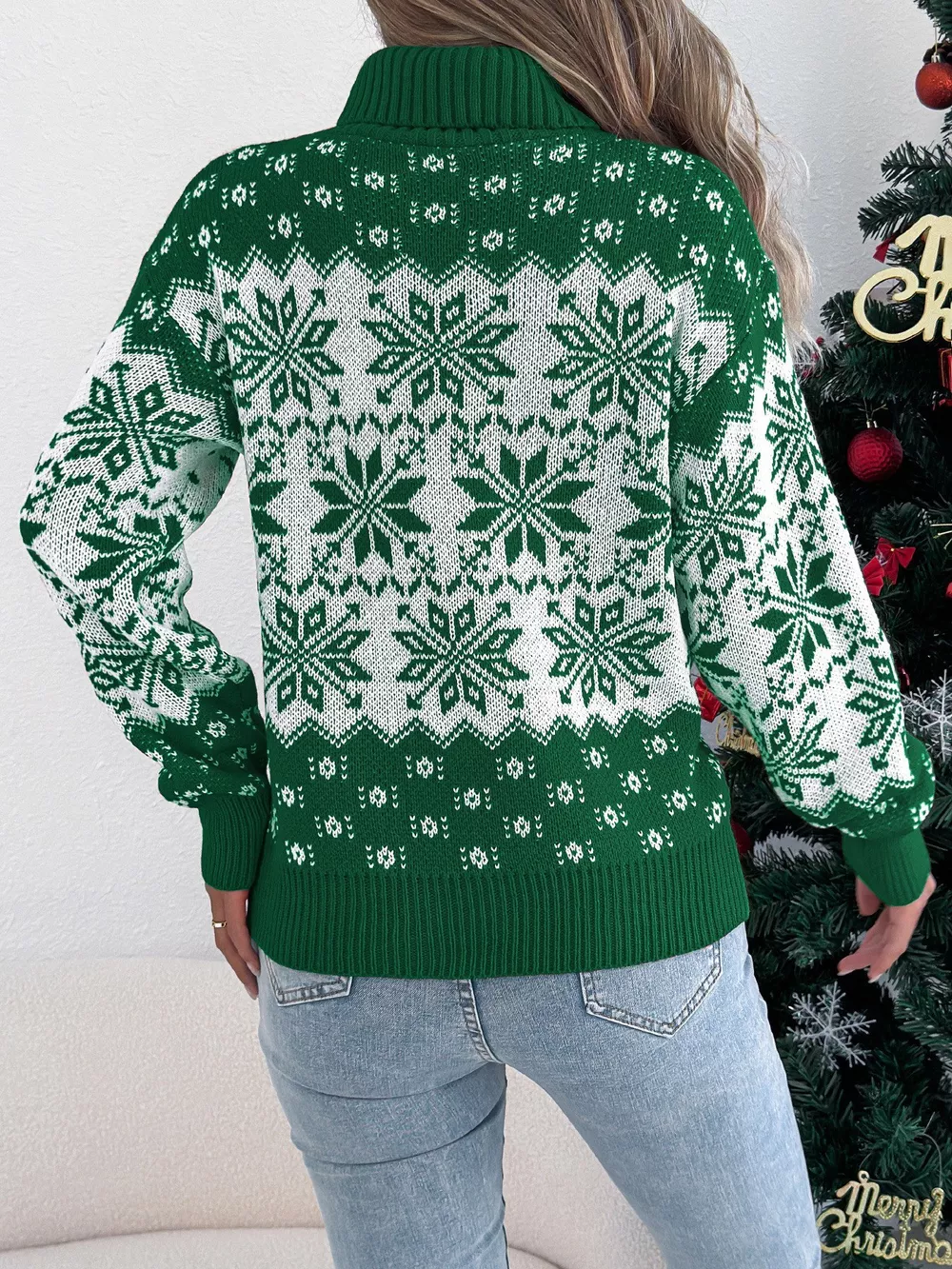 Christmas Snowflake Turtleneck Long Sleeve Sweater, image 2