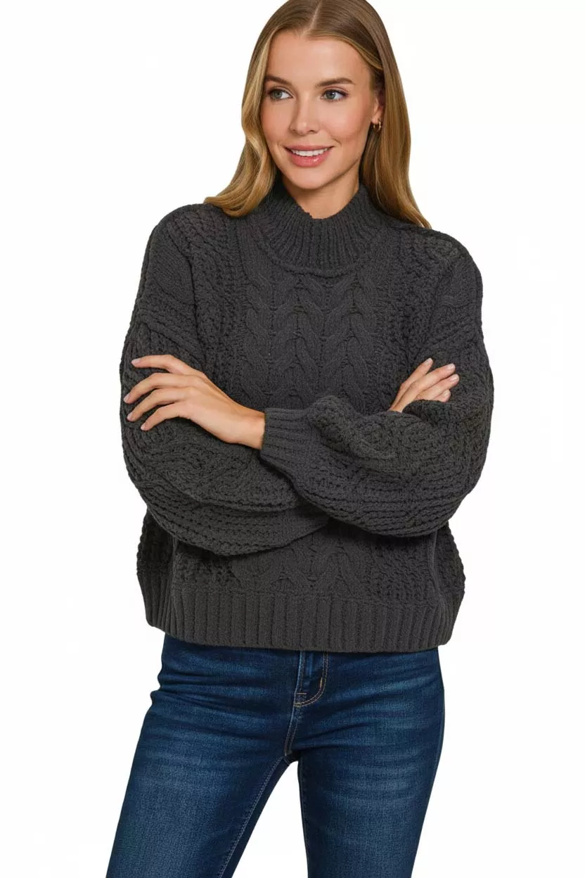 Cable-Knit Ribbed Turtleneck Sweater, image 2