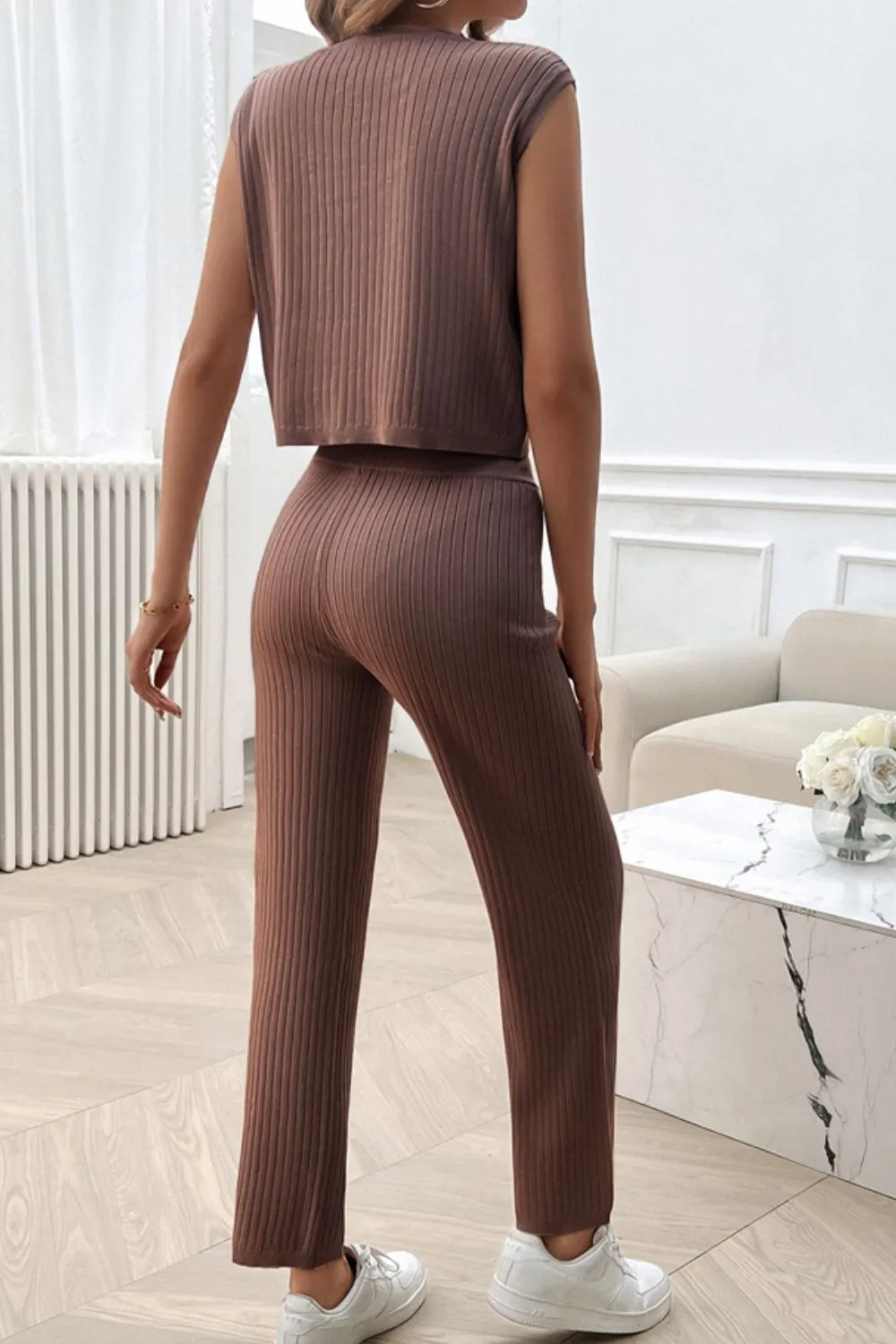 Ribbed Round Neck Top and Pants Set, image 9