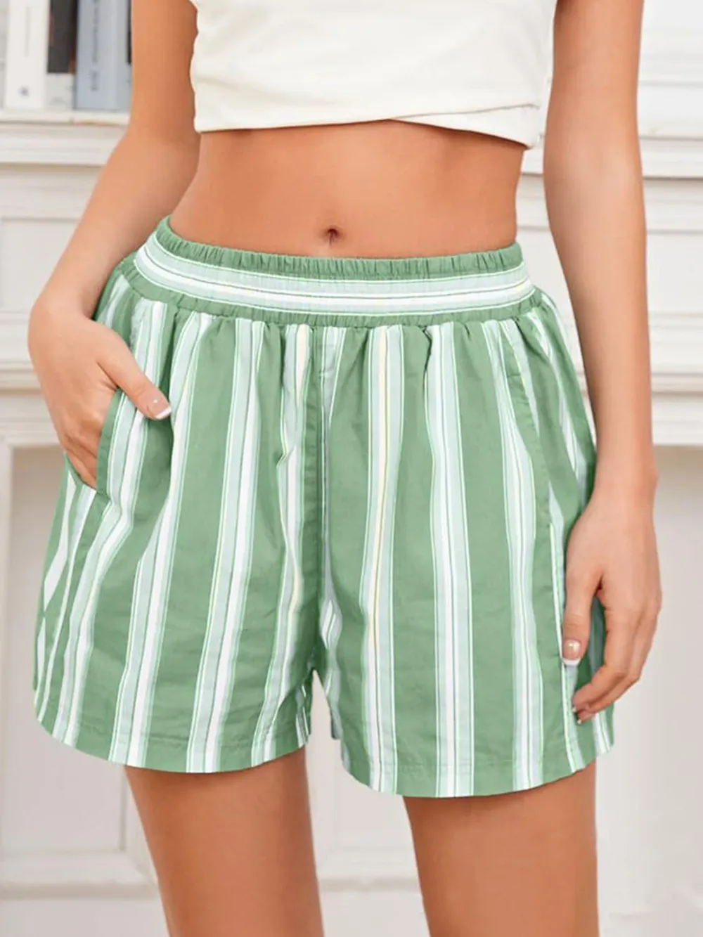 Striped Elastic Waist Shorts, image 4