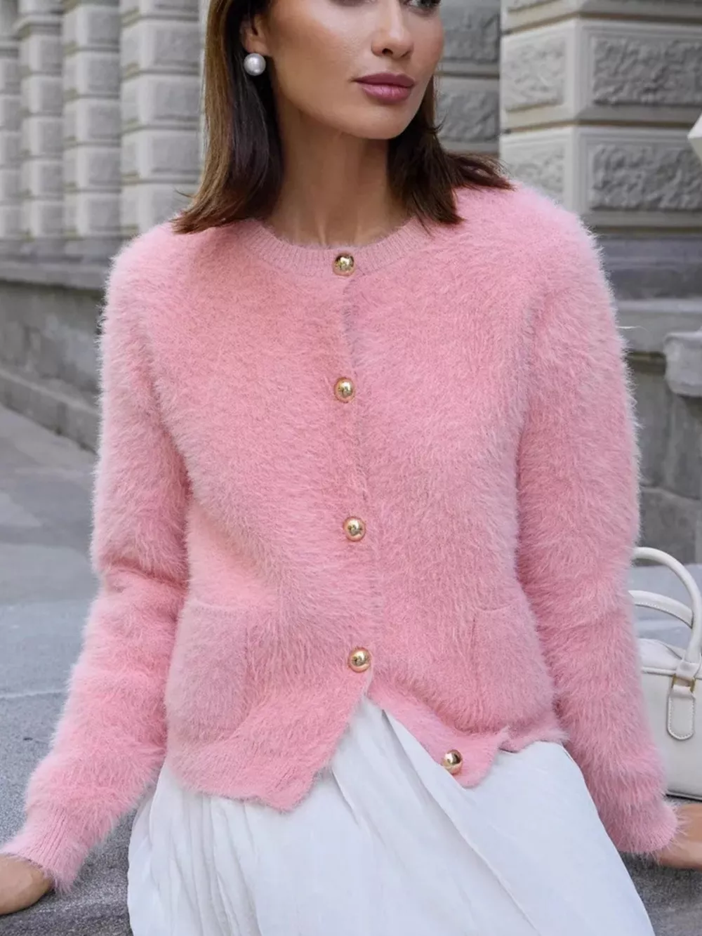 Fluffy Knit Button Up Cardigan