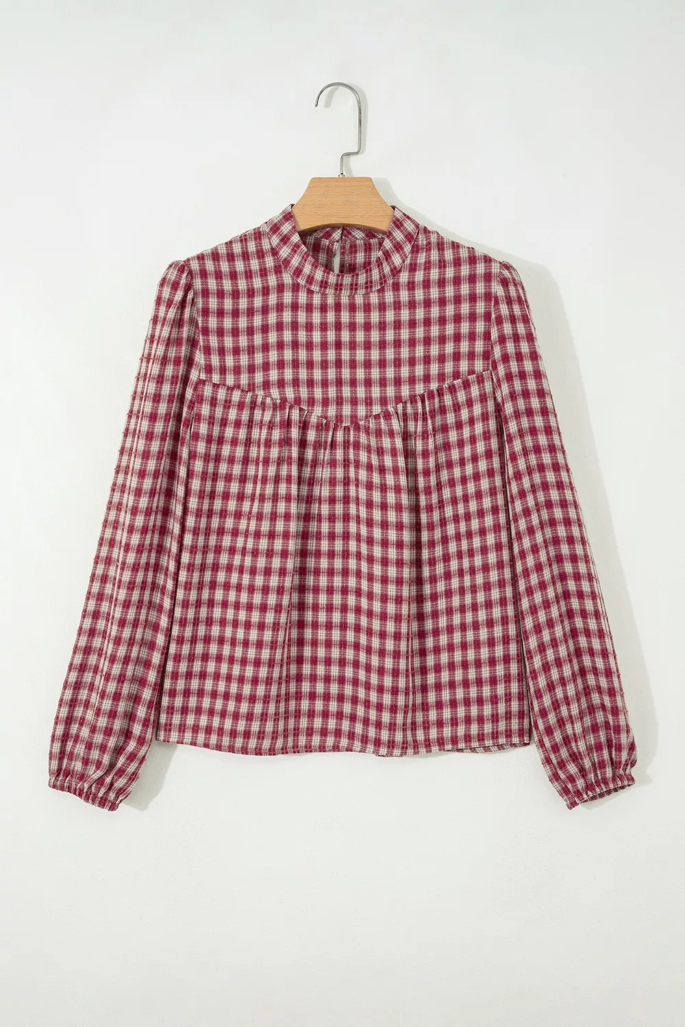 Country Plaid Long Sleeve Button Keyhole Pleated Loose Blouse, image 3