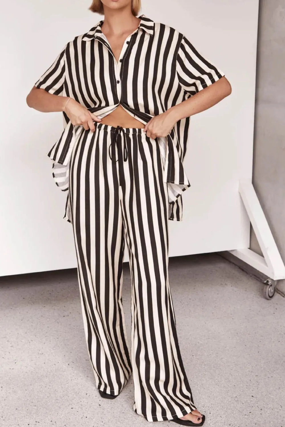 Striped Collared Neck Half Sleeve Top and Pants Set, image 6