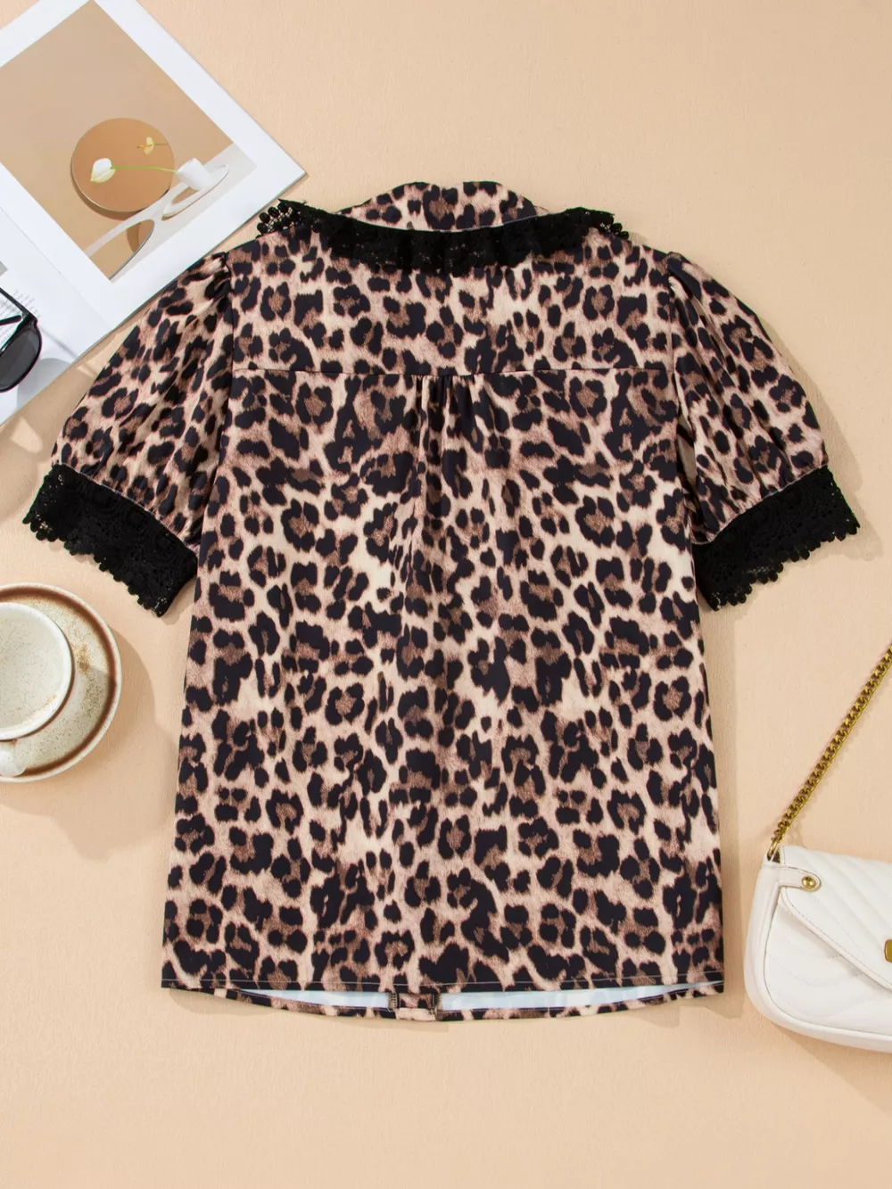 Leopard Print Lace Trim Short Sleeve Shirt, image 7