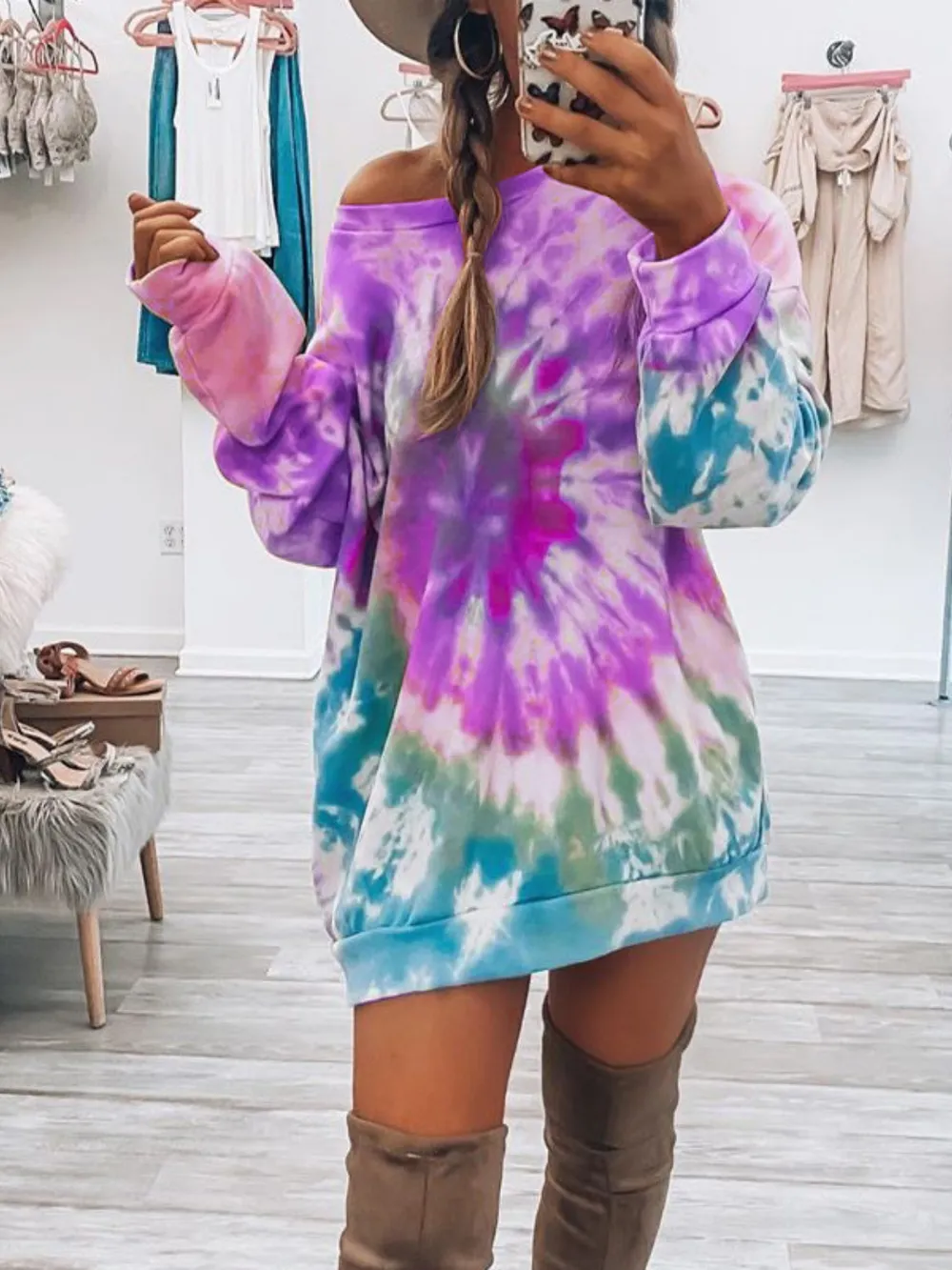 Full Size Tie-Dye Round Neck Long Sleeve Dress, image 3
