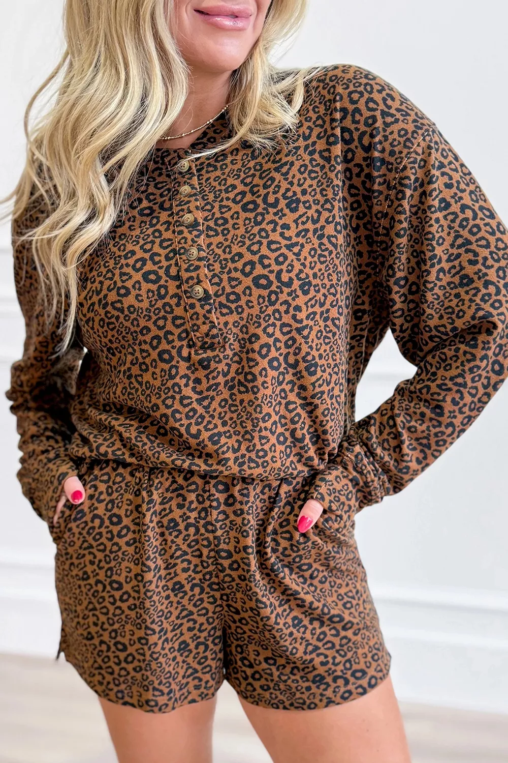 Leopard Print Long Sleeve Henley Top Elastic Waist Shorts 2pcs Outfit, image 3