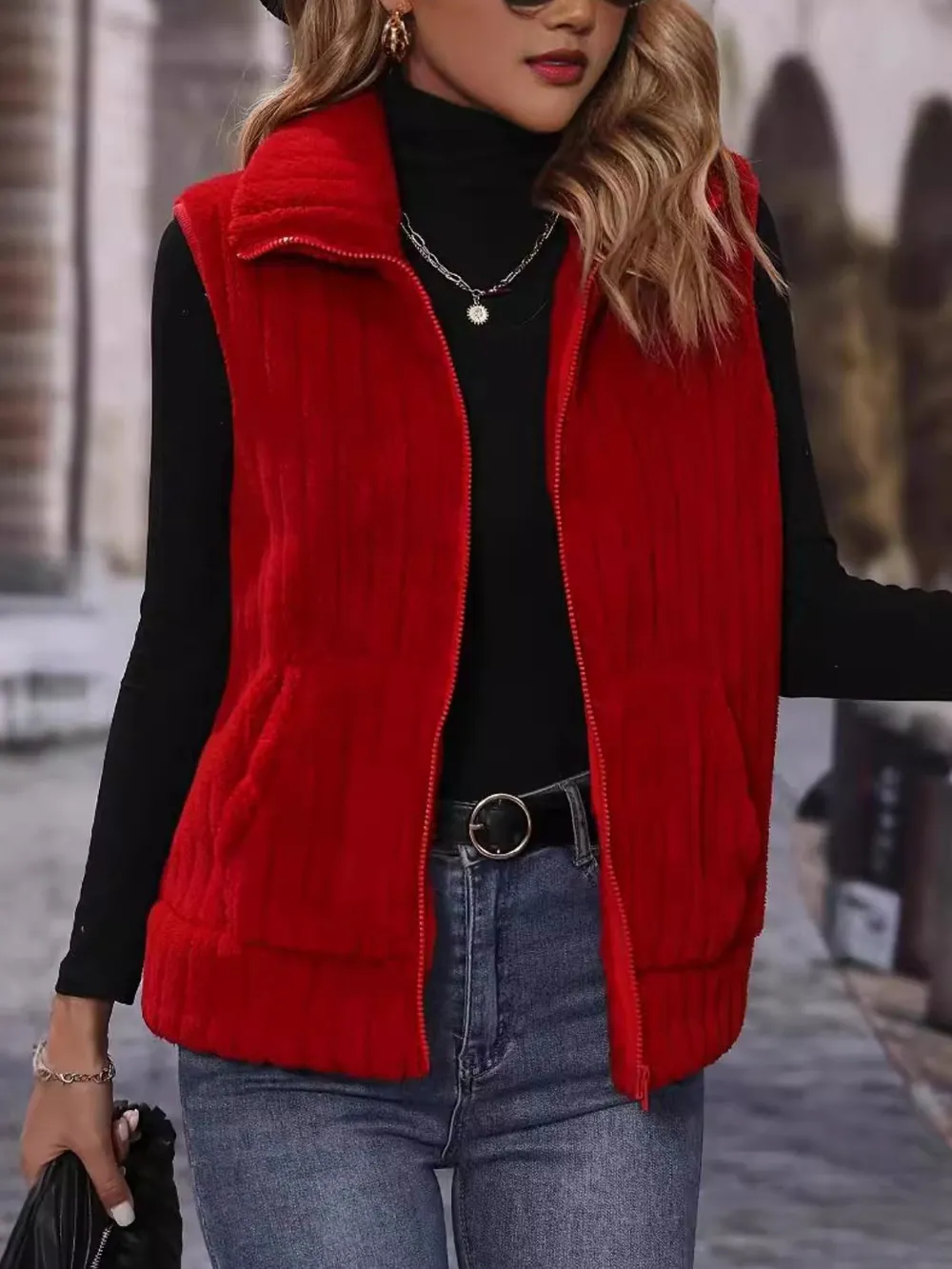 Pocketed Zip Up Vest Coat, image 3