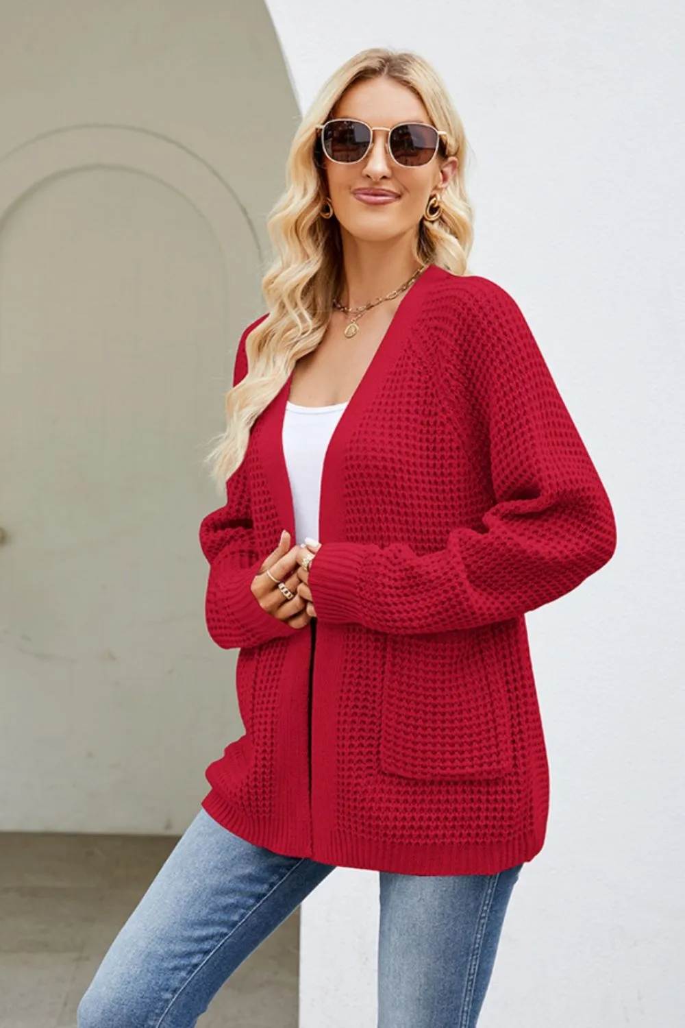 Open Front Raglan Sleeve Pocketed Cardigan, image 4