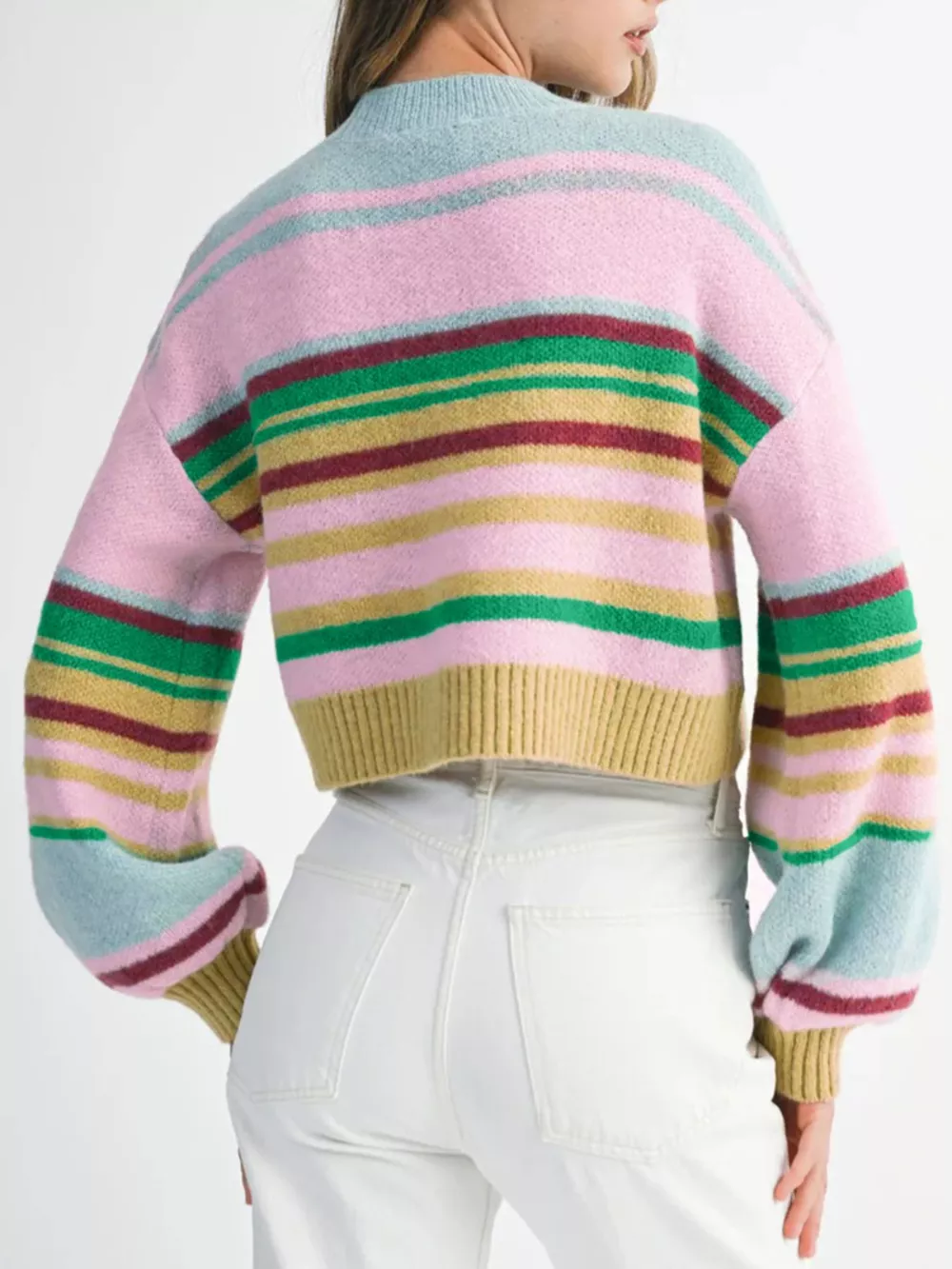 Multicolour Striped Knit Ribbed Trim Boxy Fit Cropped Sweater, image 2