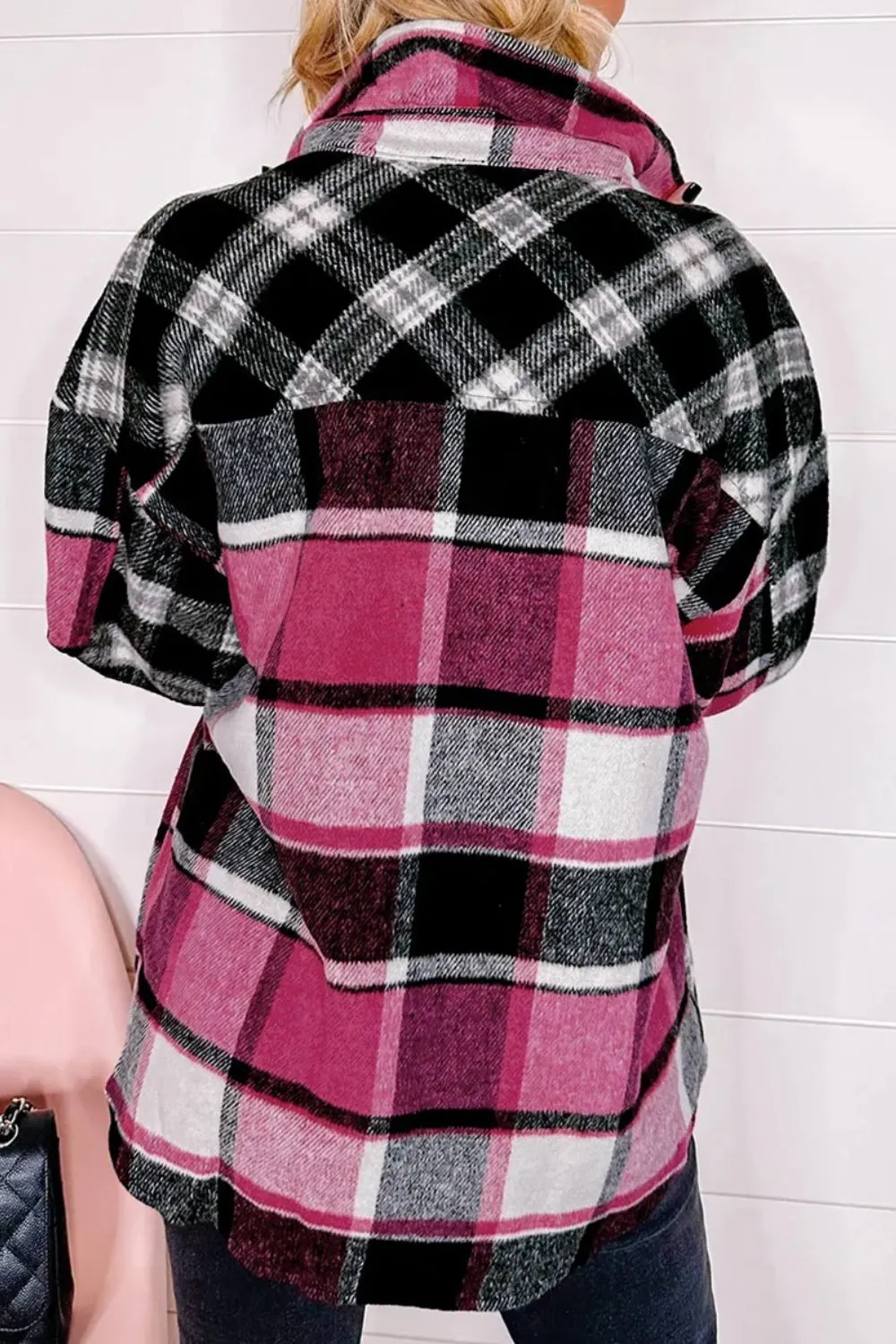 Pocketed Plaid Collared Neck Long Sleeve Shacket, image 3