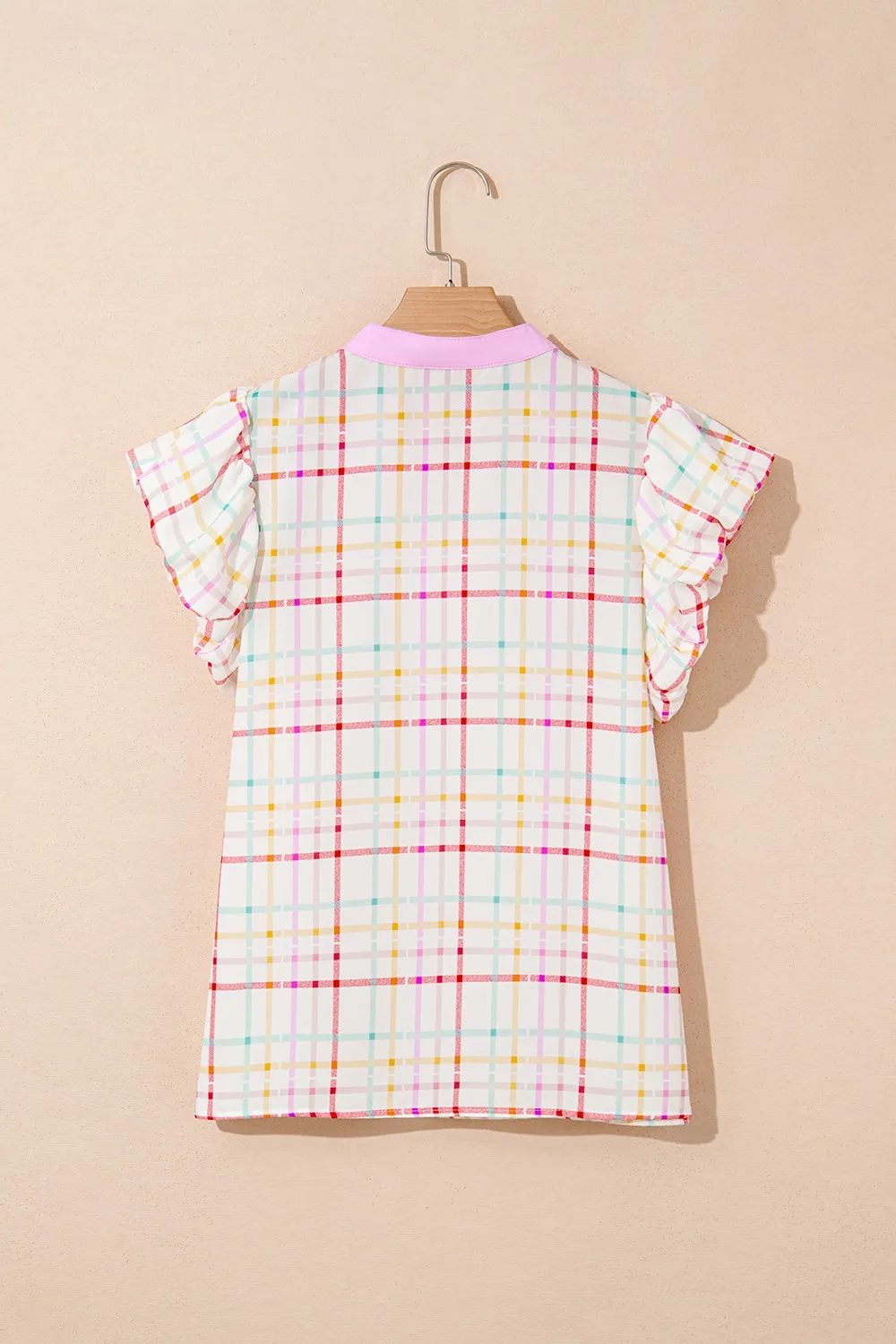 Plaid Flutter Sleeve Ric Rac Split V Neck Blouse, image 2
