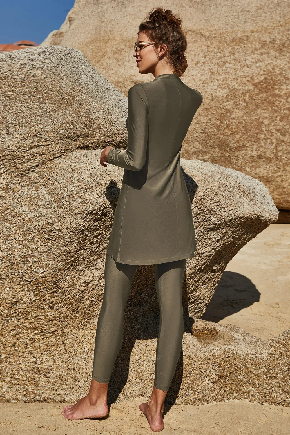 Slit Mock Neck Long Sleeve Top and Pants Swim Set, image 2