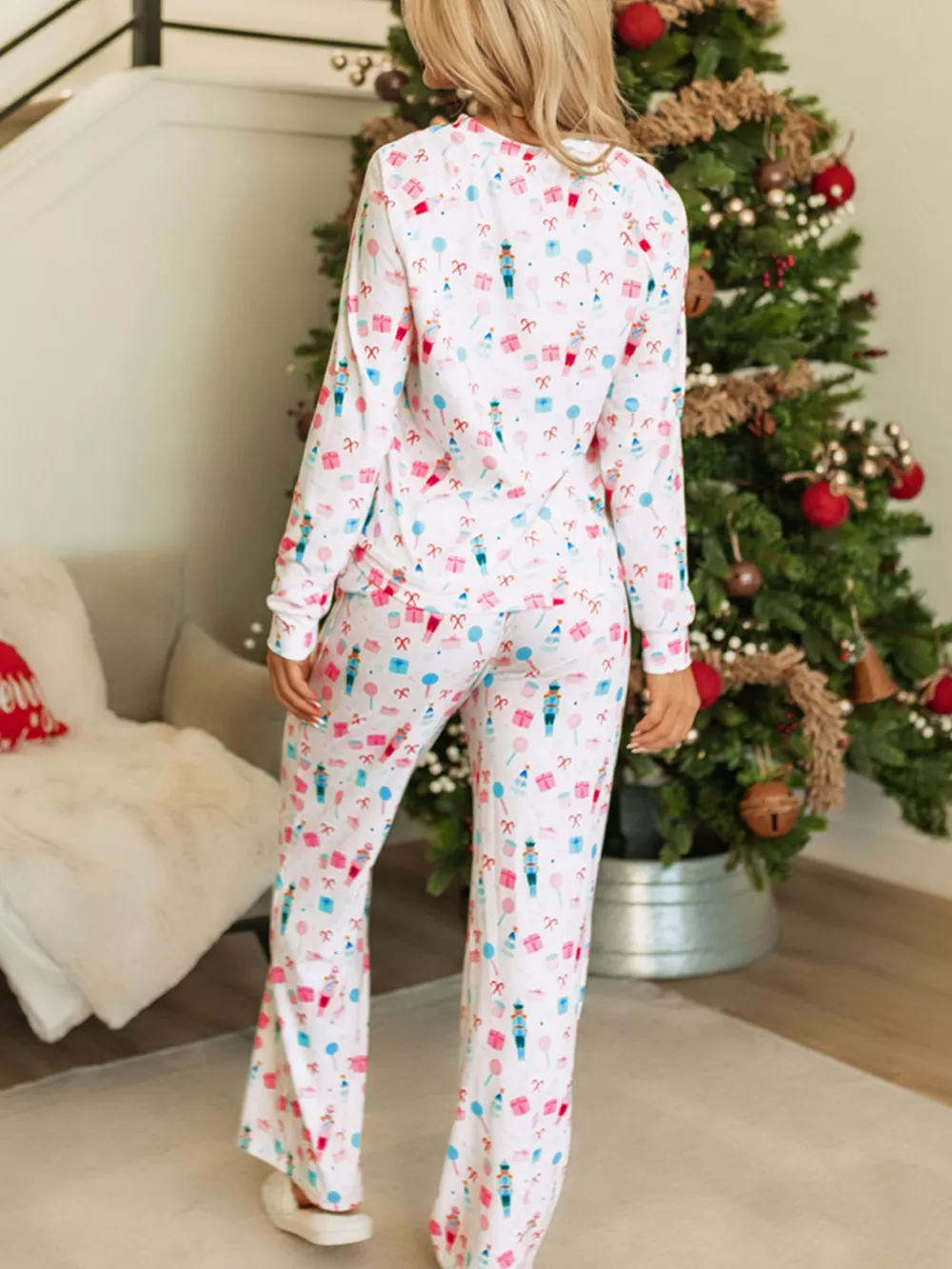 Christmas Pattern Long Sleeve Top and Wide Leg Pants Set, image 2