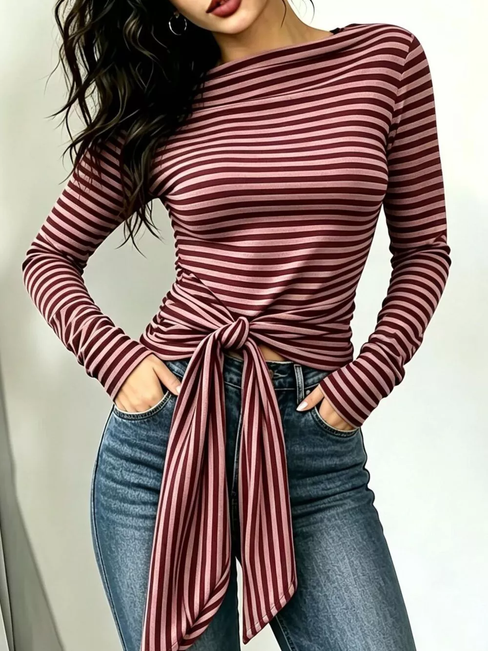 Long Sleeve Striped T-Shirt with Front Tie Detail, image 6