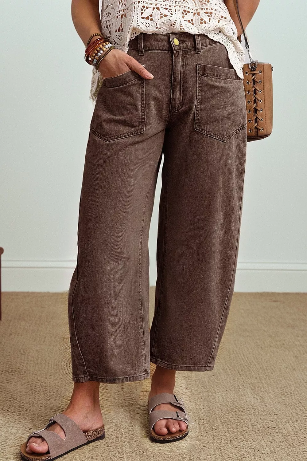Solid Color Square Patch Pocket Ankle-length Barrel Jeans, image 6
