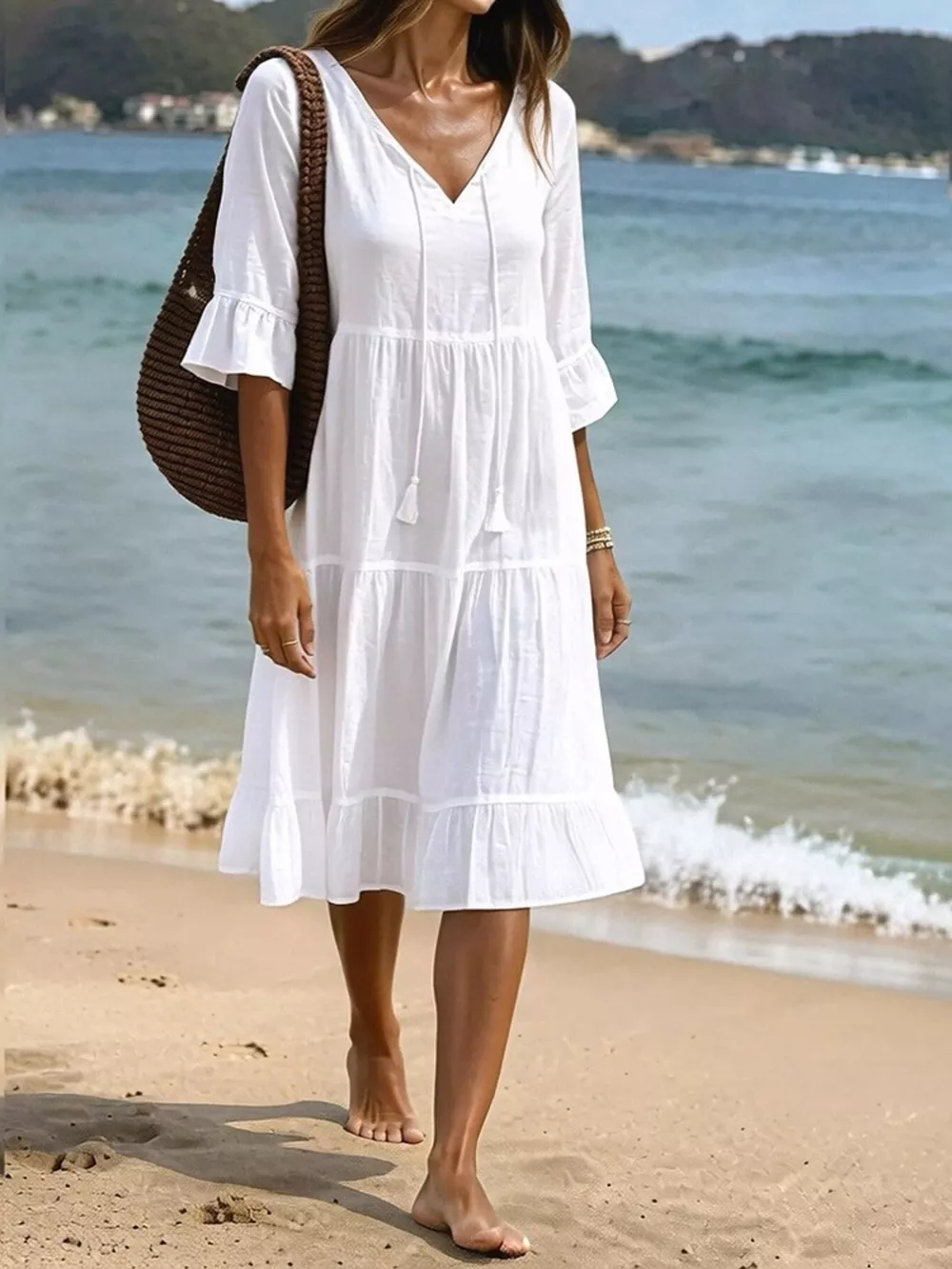 Full Size Tiered Tie Neck Flounce Sleeve Dress Plus Size, image 2
