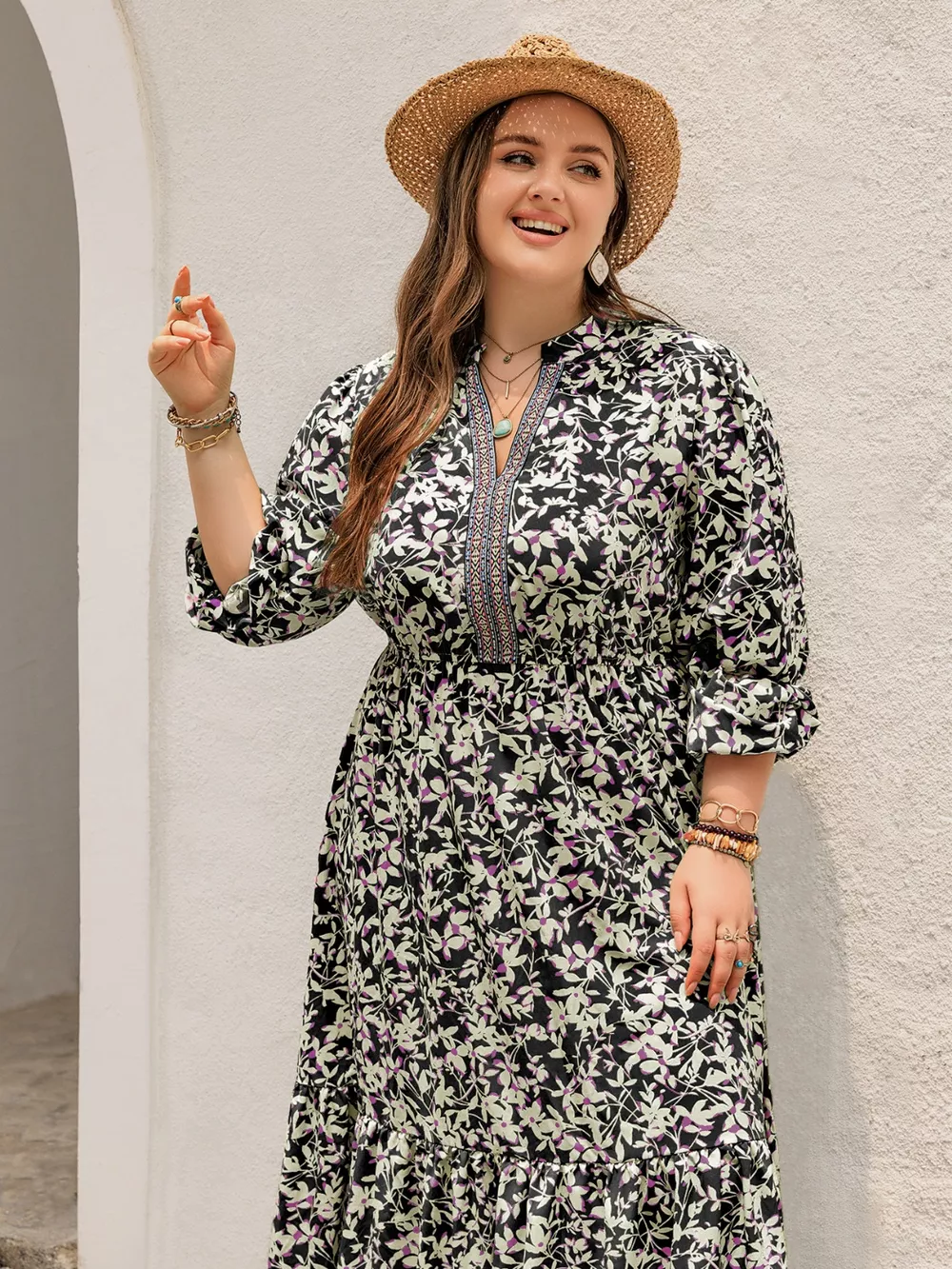 Plus Size Floral Print Long Sleeve Tiered Maxi Dress, image 3